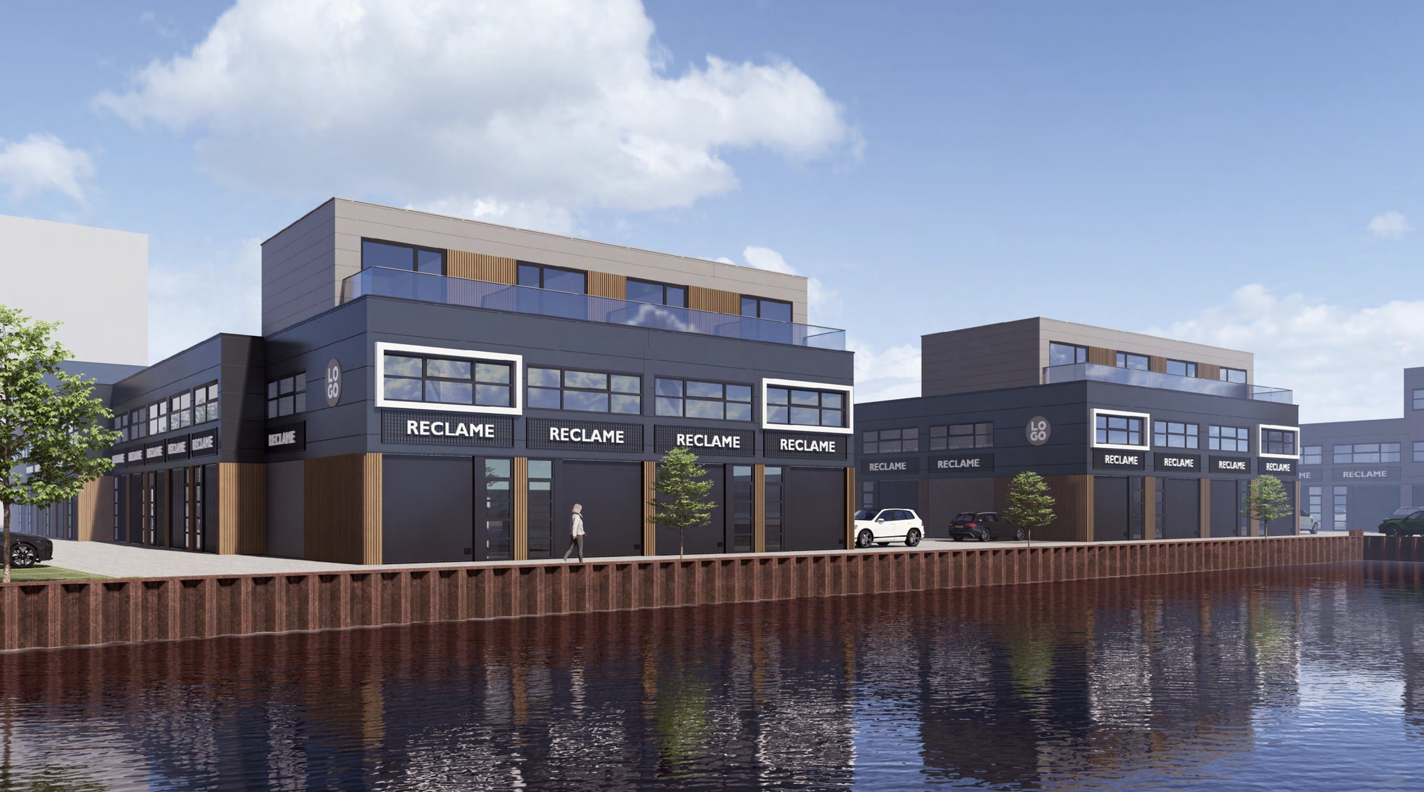 Moderne bedrijfsgebouwen aan het water in bedrijfsverzamelgebouw De Liesbosch.